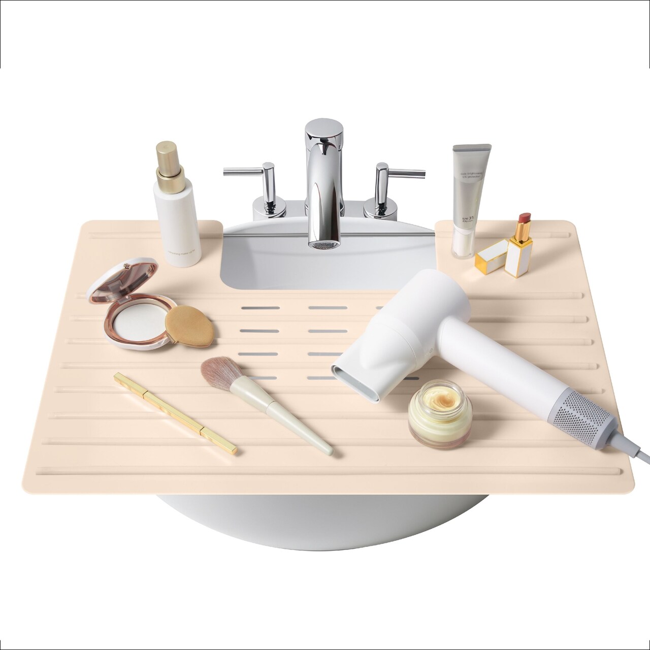 Maplefield Bathroom Sink Cover for Counter Space, Heat Resistant Silicone Sink Mat for Your Beauty Routine, Small Bathroom Space Saver Sink Cover for Makeup (Beige Large, 22 x 2 x 2 Inches)